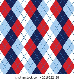 Seamless Argyle Vector Pattern Illustration. Traditional Diamond Check Print Background. Red, Blue And White.