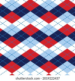 Seamless Argyle Vector Pattern Illustration. Traditional Diamond Check Print Background. Red, Blue And White.