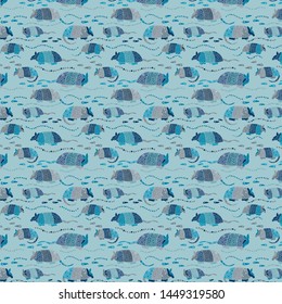 Seamless Armadillo Track Allover Print Pattern / Teal Blue background / Vector Illustration / Global Colors saved with Pattern Swatches