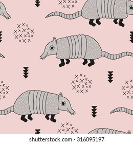 Seamless armadillo wildlife animals illustration with indian arrows and geometric abstract details pastel pink background pattern in vector