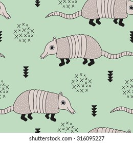 Seamless armadillo wildlife animals illustration with indian arrows and geometric abstract details mint background pattern in vector