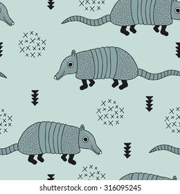 Seamless armadillo wildlife animals illustration with indian arrows and geometric abstract details mint background pattern in vector