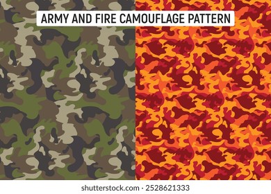 Patrones de Vector de camuflaje de ejército y fuego sin costuras para diseño militar y textil e impresión de tela