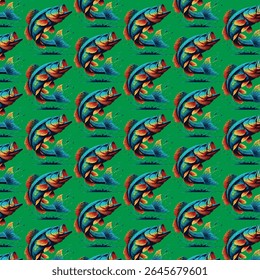 A seamless arrangement of bold, colorful fish on a green backdrop, great for ocean-themed crafts and creative backgrounds.