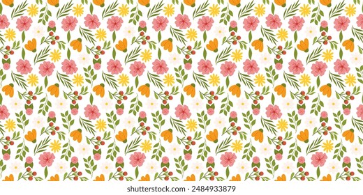 Seamless arrangement featuring floral elements. Botanical-inspired repetitive fabric or wallpaper design with yellow and orange flowers, red berries, leaves, and cherry blossom.