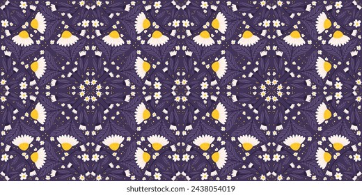 Arreglo sin fisuras con motivos de margaritas de color violeta de medianoche. Manzanilla patrón de superficie repetida sobre una base púrpura.