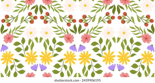 Arreglo sin costuras con elementos florales. Diseño repetido de inspiración botánica con flores blancas, amarillas y lilas, flor de cerezo rosa, rama con bayas rojas y varias hojas.