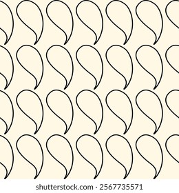 seamless arrangement of stylized teardrop-shaped motifs outlined in black on a soft beige background. Elegantly curved creating a harmonious rhythm across the surface. Gentle Minimal Warm Fluffy Knit.