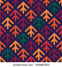 Seamless arrows pattern. Repeated stylized trees background. Squama ornament. Scales image. Ancient window tracery motif. Ethnic embroidery wallpaper. Digital paper for textile print. Vector art.
