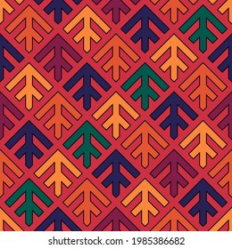 Seamless arrows pattern. Repeated stylized trees background. Squama ornament. Scales image. Ancient window tracery motif. Ethnic embroidery wallpaper. Digital paper for textile print. Vector work.
