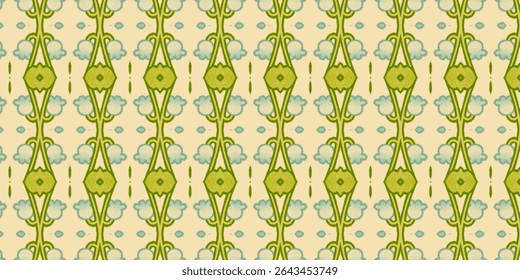 Seamless art deco cloud pattern with green ornamental shapes on a beige background. Retro, fantasy, abstract, and symmetrical design.