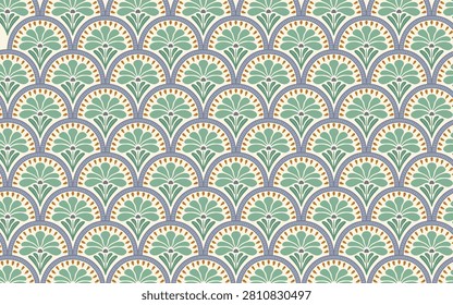 Seamless Art Deco fan pattern with botanical geometric ornament vector | Elegant seamless vector pattern featuring stylized fan-shaped botanical motifs with geometric Art Deco arches in soft pastel colors. Decorative repeating floral background ideal for wallpaper, fabric, textile printing, packaging, stationery, home décor, wrapping paper, and surface pattern design