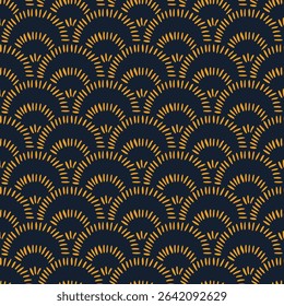 Seamless art deco pattern. Elegant fan motifs in gold and dark tones. Minimalist and luxurious vector design.