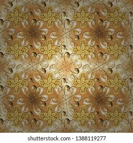 Seamless. Art Deco Pattern on beige and yellow colors. Cute background for wrappers and wallpaper, design of fabric, paper. Vintage pattern art design. Vector illustration.