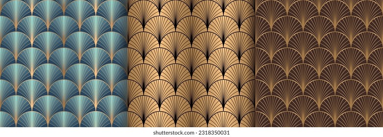 seamless art deco pattern set with golden fan shape and line, luxury repeat background vector illustration.