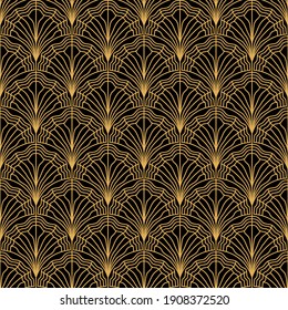 Seamless art deco pattern. Vintage geometric minimalistic background. Abstract fan shaped yellow black illustration 