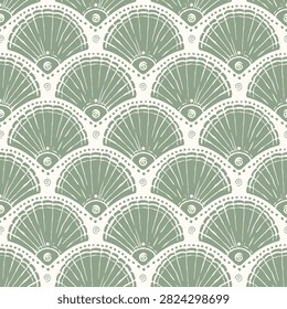 Seamless Art Deco Seashell Pattern | Sage Green Coastal Scallop Background