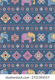 Nahtloses Art Elephant Muster mit niedlichen Tier-Design für Kinder und Stoffdrucke geometrischen Stil . süßes Elefant nahtloses Muster, Cartoon Safari Tier Vektorgrafik , Kinder Tapete, Baby Textil, verspielte Kinderzimmer Dekor Oberflächendesign.

