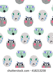 Seamless art fun pattern with cartoon faces. made like art kids design 