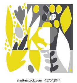 Seamless art isolated with leaf and flowers. The image is made in the style of handmade, bright, simple, patchwork
