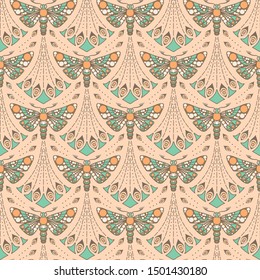 Seamless art nouveau pattern with moth on beige background