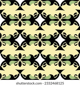 Seamless art nouveau pattern with a repeating black and yellow flower motif on a white background, exuding elegance and symmetry.
