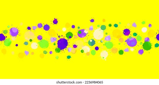 Seamless art pattern beautiful hand drawn splash blot yellow green purple stain on yellow. Design for Carnival, Mardi Gras, Holiday decoration greeting card, poster, web template. Vector illustration