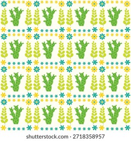 Padrão de arte sem costura com cactos, folhas e flores