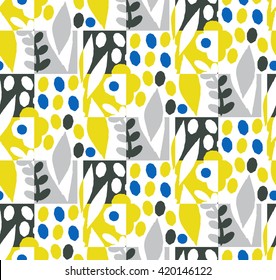 Seamless art pattern with leaf and flowers. The image is made in the style of handmade, bright, simple