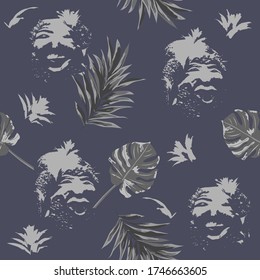 Seamless art pattern with print of tropical leaves and abstract portraits of primitive people. Hand-drawn background for printing on fabric, clothing, home textiles, wallpaper, gift wrapping.