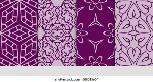 seamless art pattern set. Floral geometric style. Vector illustration. For interior design, fabric print, page fill, wallpaper, textile. purple color