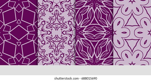 seamless art pattern set. Floral geometric style. Vector illustration. For interior design, fabric print, page fill, wallpaper, textile. purple color