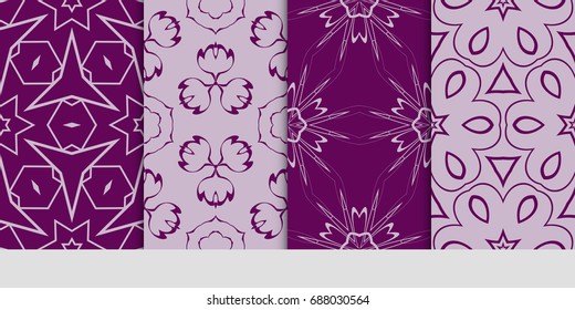 seamless art pattern set. Floral geometric style. Vector illustration. For interior design, fabric print, page fill, wallpaper, textile. purple color