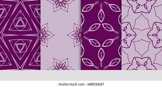 seamless art pattern set. Floral geometric style. Vector illustration. For interior design, fabric print, page fill, wallpaper, textile. purple color