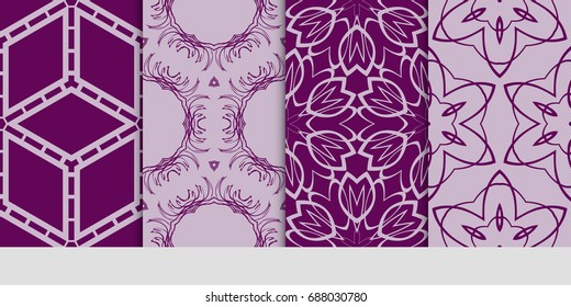seamless art pattern set. Floral geometric style. Vector illustration. For interior design, fabric print, page fill, wallpaper, textile. purple color