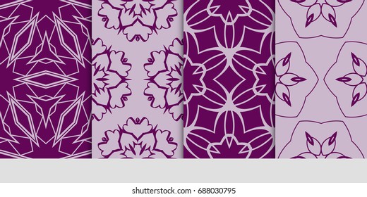seamless art pattern set. Floral geometric style. Vector illustration. For interior design, fabric print, page fill, wallpaper, textile. purple color