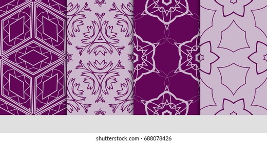 seamless art pattern set. Floral geometric style. Vector illustration. For interior design, fabric print, page fill, wallpaper, textile. purple color