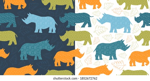 Seamless art patterns set - colorful scandinavian rhinoceros with floral pattern. Decorative animals for childish apparel, textile. Nice texture with flowers. Wild savanna animals on white and dark.