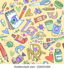 Seamless art stuff pattern. Colored pencils and brushes paint blots. Can be used for wallpaper, pattern fills, web page background,surface textures.