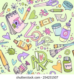 Seamless art stuff pattern. Colored pencils and brushes paint blots. Can be used for wallpaper, pattern fills, web page background,surface textures.
