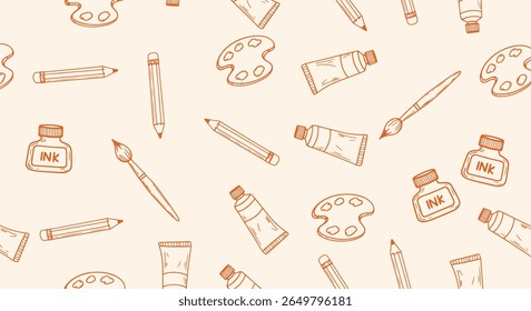 Seamless art supplies pattern. Paint palette, brush, pencil, tube and ink bottle icons. Creative studio vibe for fabric, stationery, wrapping