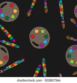 Seamless art tools pattern with colorful brushes and paints vector illustration for banner, card, invitation, textile, fabric, wrapping paper.