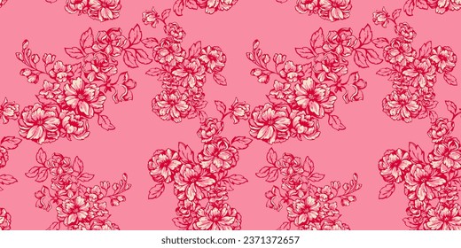 Seamless artistic, abstract flowers pattern. Floral tapestry on a pink background. Vector hand drawn simple lines outline of flowers print. Template for design, textile, fashion, surface design