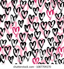 Seamless artistic abstract heart pattern. Hand drawn repeatable creative background. Paint stain grunge design from painted texture. Black, pink and white brush strokes drawing.