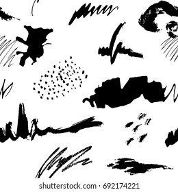 Seamless artistic abstract pattern. Hand drawn repeatable creative background. Doodle sketch design from painted texture. Black and white drawing.