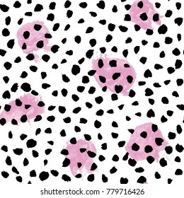 Seamless artistic abstract pattern. Hand drawn dots repeatable creative background. Paint stain grunge design from painted texture. Pink, black and white drawing.