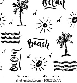 Seamless artistic abstract summer pattern. Hand drawn repeatable creative background. Paint brush grunge design ocean and beach. Black and white drawing.
