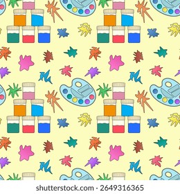Seamless artistic art pattern with paint jars, palettes and colorful paint splashes on yellow background. For back to school theme, school supplies or stationery design, textile print, wrapping paper.
