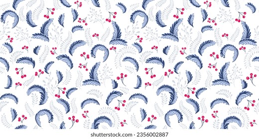 Seamless artistic  christmas, Xmas, winter background.  Vector hand-drawn abstarct branches leaves  with berries pattern. Template for textile, surface design, paper, cover, interior decor, fabric