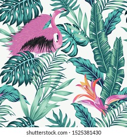 Seamless artistic exotic illustration. Hand drawn vector exotic birds pink flamingo and blue palm, monstera leaves, flowers on the white background. Tropical repeat pattern. Repeating creative decor